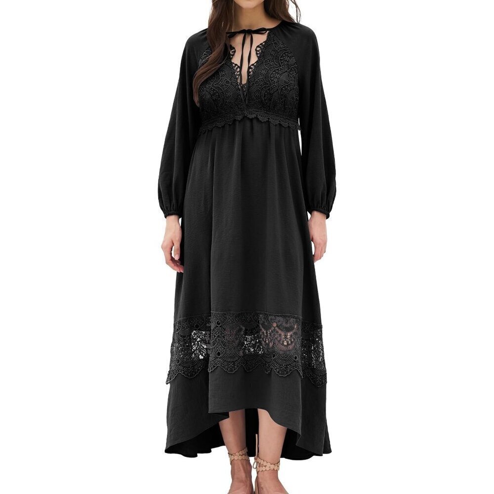 Olaesa Black Boho Lace Maxi Dress Long Sleeve Flowy V Neck Renaissance "M"